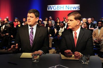 Boston mayoral candidates City Councilor John Connolly and Mass. Rep. Marty Walsh speak in their second televised debate Tuesday night in Brighton. PHOTO COURTESY OF MEREDITH NIERMAN/WGBH