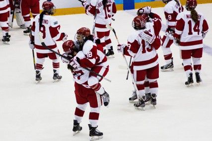 MICHELLE JAY/DAILY FREE PRESS STAFF The BU women’s hockey team celebrates after beating Mercyhurst in a 2013 NCAA semifinal. BU will look to return to the Frozen Four despite losing its top three scorers from last season. 