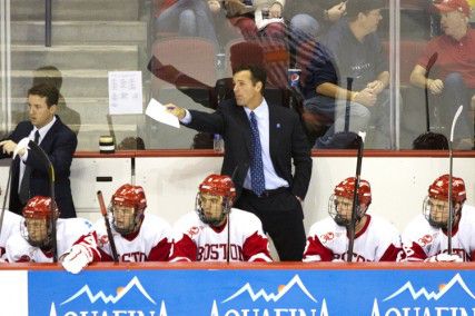 MICHELLE JAY/DAILY FREE PRESS STAFF First-year head coach David Quinn instructs the Boston University men’s hockey team during its exhibition game against St. Francis Xavier University at Agganis Arena on Oct. 5.