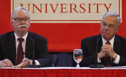 Boston University President Robert Brown (left) and Boston Mayor Thomas Menino (right) speak at a press conference Wednesday morning at Boston University's 100 Bay State Road building. PHOTO BY SARAH FISHER/DAILY FREE PRESS STAFF