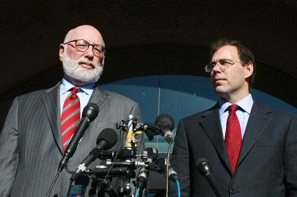 J.W. Carney and Hank Brennan, James “Whitey” Bulger’s defense attorneys, speak on behalf of their client Wednesday afternoon after Bulger's sentencing trial at Moakley Courthouse. PHOTO BY EMILY ZABOSKI/DAILY FREE PRESS STAFF