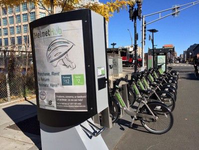 The first HelmetHub vending machine was installed Tuesday at the Boylston St. and Massachusetts Ave. Hubway Station.  PHOTO COURTESY OF THE CITY OF BOSTON