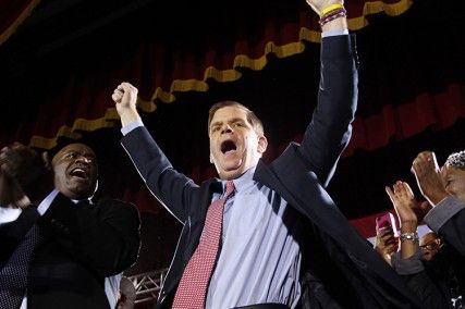 Mayor-elect Martin Walsh celebrates before his victory speech Tuesday night at the Boston Park Plaza Hotel. PHOTO BY KIERA BLESSING/DAILY FREE PRESS STAFF