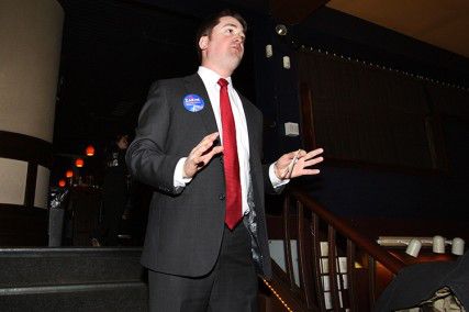 Attorney and small business owner Josh Zakim gives a victory speech Tuesday night at Dillon's Restaurant in Boston. PHOTO BY EMILY ZABOSKI/DAILY FREE PRESS STAFF