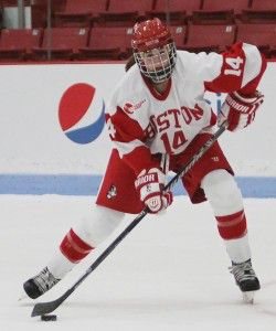 SARAH FISHER/DAILY FREE PRESS STAFF Freshman forward Maddie Elia scored two goals and three assists in the Terriers’ weekend sweep of the University of Maine.