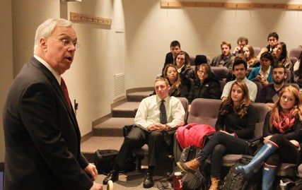 Boston Mayor Thomas Menino speaks to the Boston University class Politics and Policy of HBO’s the Wire Tuesday afternoon in Sargent College of Health and Rehabilitation Sciences building. PHOTO BY JUSTIN HAWK/DAILY FREE PRESS STAFF