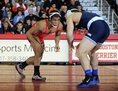 Senior Nestor Taffur wrestles again Penn State University. THe BU wrestling team is still continuing its efforts to remain a team after this season. PHOTO COURTESY OF STEVE  MCLAUGHLIN