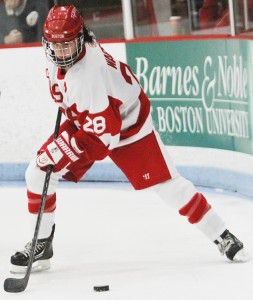 MICHELLE JAY/DAILY FREE PRESS STAFF BU senior captain Louise Warren scored an overtime goal to lift BU in its Oct. 29 victory over Northeastern.