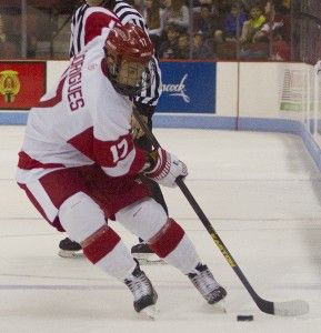 MICHELLE JAY/DAILY FREE PRESS STAFF Junior forward Evan Rodriguez looks to help the men’s hockey team in his return to the ice.