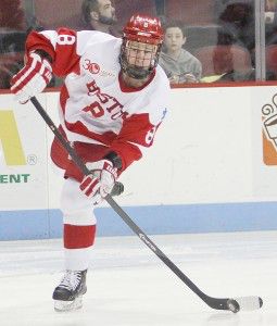 MICHELLE JAY/DAILY FREE PRESS STAFF Freshman forward Brendan Collier notched his first goal against UNH Monday afternoon.  