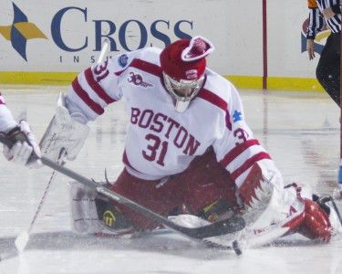 MICHELLE JAY/DAILY FREE PRESS STAFF Sophomore goaltender Sean Maguire stopped 38 shots during Saturday’s 2-0 loss to Notre Dame.  
