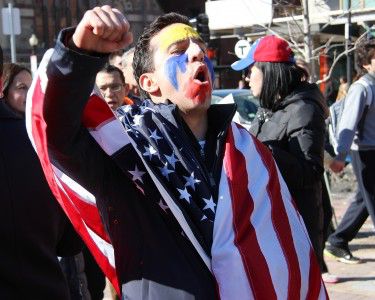 Jaime Valencia and over 150 other protesters gathered Saturday afternoon at Copley Square to peacefully condemn the Venezuelan government and President Nicolás Maduro. PHOTO BY ALEXANDRA WIMLEY/DAILY FREE PRESS