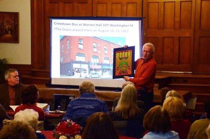 John Broderick and Nick Racheotes of the Allston-Brighton Historical Society speak about the area's rock history Monday evening at the  Allston-Brighton Congregational Church. PHOTO BY FALON MORAN/DAILY FREE PRESS