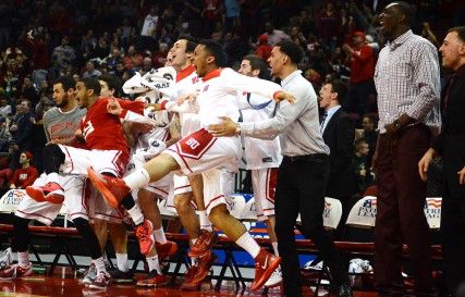 The BU bench erupts during a 91-70 victory over Army. PHOTO BY JOON LEE/DFP STAFF