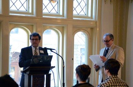 Tom Fiedler, Dean of the College of Communication, welcomes audience members and speakers at the launch of the Center for Mobile Communication Studies Wednesday evening at the Boston University Castle. PHOTO BY FALON MORAN/DAILY FREE PRESS STAFF