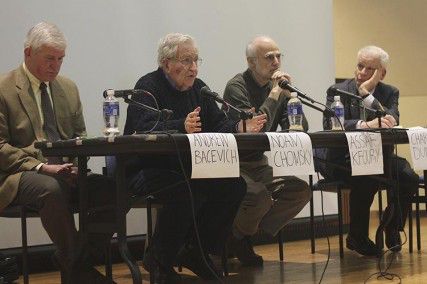 Professors Andrew Bacevich, Noam Chomsky, Assaf Kfoury and Charles Dunbar held a panel discussion on the Israel/Palestine conflict Thursday evening at Boston University School of Law. PHOTO BY ANN SINGER/DAILY FREE PRESS STAFF