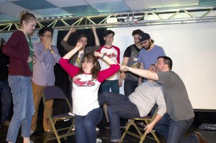 Members of Boston University's Liquid Fun comedy troupe play improvisation games in BU Central for the 9th annual 24-Hour Comedy Marathon. PHOTO COURTESY OF COREY BITHER