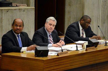 City Councilors Charles Yancey, Michael Flaherty and Tito Jackson spoke at a public hearing at Boston City Hall Wednesday regarding an ordinance sponsored that would prohibit biosafety level 4 research, the primary research done at Boston University's biolab . PHOTO BY FALON MORAN/DAILY FREE PRESS STAFF