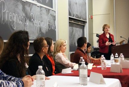 Former student mother and current vice president of Feminists for Life of America, Sally Winn (right), moderated Boston University's 2nd Annual Pregnancy Forum Wednesday, which included a BU undergraduate parent, pro-life and pro-choice student leaders, as well as Student Health Services and Family Resources. PHOTO BY JUSTIN HAWK/DAILY FREE PRESS STAFF