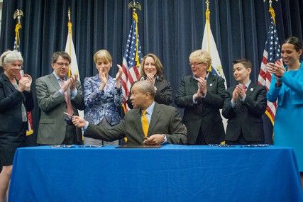 Massachusetts Gov. Deval Patrick signed a bill Thursday that is designed to add to the state’s 2010 anti-bullying law by increasing protections for gay, lesbian, bisexual and transgender students and students with disabilities. PHOTO COURTESY OF SAM HOOPER/GOVERNOR'S OFFICE