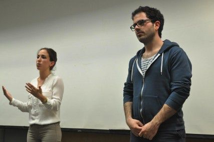 Israeli soldiers, 26-year-old Sharon Aviram and 24-year-old Hen Mazzig shared their personal stories at a talk hosted by Boston University Students for Israel Monday evening in the College of Arts and Sciences. PHOTO BY NICOLE BOARDMAN/DAILY FREE PRESS STAFF