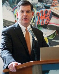 Boston Mayor Martin Walsh led the opening ceremony Monday morning for the Boston Public Library exhibit, Dear Boston, which displays artifacts from the 2013 marathon bombing memorial. PHOTO BY EMILY ZABOSKI/DAILY FREE PRESS STAFF