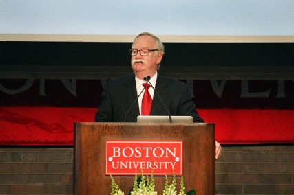 Boston University President Robert Brown announces the commencement speaker and gives BU seniors parting advice at the Senior Breakfast Friday. PHOTO BY EMILY ZABOSKI/DAILY FREE PRESS STAFF