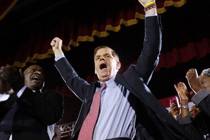 Martin Walsh, who replaced Thomas Menino as the mayor of Boston in 2013, celebrates before his victory speech at the Boston Park Plaza Hotel. PHOTO BY KIERA BLESSING/DAILY FREE PRESS STAFF