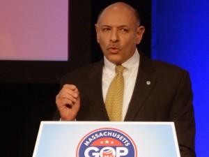 Mark Fisher gives a speech at the Republican State Convention at Boston University’s Agganis Arena in March.