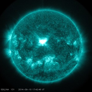 NASA’s Solar Dynamics Observatory captured an X1.6 class solar flare flash in the middle of the sun on Sept 10. PHOTO COURTESY OF NASA/SDO