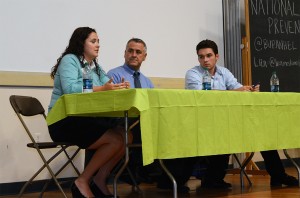 Liza Moskowitz (COM ‘15), left, speaks Wednesday with Boston University Police Department Chief Thomas Robbins, center, and Connor Walsh (ENG ‘15), right, at a panel discussion at Jacob Sleeper Auditorium about how to prevent hazing through empowerment and leadership. PHOTO BY DANIEL GUAN/DAILY FREE PRESS CONTRIBUTOR
