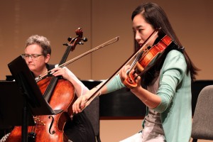 Rhonda Rider of the Triple Helix Trio and Hye Min Choi (CFA 1st Year Artist Diploma) practice Wednesday for Thursday’s Music For Food concert at the Tsai Performance Center at Boston University’s College of Arts and Sciences. PHOTO BY L.E. CHARLES/DAILY FREE PRESS CONTRIBUTOR