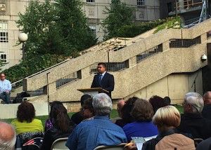 Will Morales speaks at the Garden of Peace Wednesday. PHOTO BY JAIME BENNIS/DAILY FREE PRESS STAFF