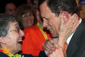 Steven Grossman greets a supporter after winning the gubernatorial endorsement at the Democratic State Convention in June. PHOTO BY FELICIA GANS/DAILY FREE PRESS STAFF