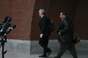 William Fick (left) and Timothy Watkins (right) leave John Joseph Moakley courthouse after a pre-trial hearing for Dzhokhar Tsarnaev in November 2013. Fick and Watkins, Tsarnaev’s lawyers, left without speaking to the media. PHOTO BY EMILY ZABOSKI/DAILY FREE PRESS STAFF