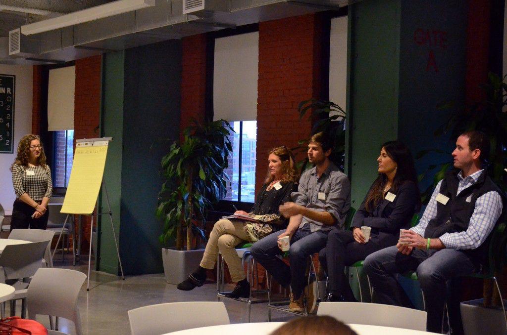 Greenovate Boston hosted an Upcycling Panel Tuesday at the Boston Marriott Long Wharf where panelists Brooke Nash of the Massachusetts Department of Environmental Protection, Ross Lohr of Project RePAT, Julie Shane of Causes International and Brad McNamara of Freight Farms talked efficient and creative ways to repurpose material goods. PHOTO BY FALON MORAN/DAILY FREE PRESS STAFF