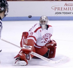 Junior goaltender Matt O'Connor made 29 saves against Michigan State to record his first-career shutout.  PHOTO BY MAYA DEVEREAUX/DAILY FREE PRESS STAFF