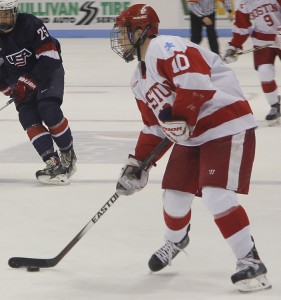 Junior forward Danny O'Regan registered three points against the U.S. National Under-18 team Saturday night. PHOTO BY MAYA DEVEREAUX/DAILY FREE PRESS STAFF