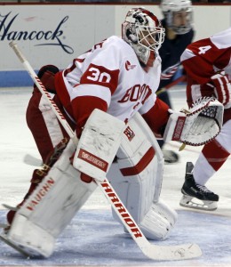 Freshman goaltender Connor LaCouvee made 34 saves Sunday against Dartmouth.  PHOTO BY MAYA DEVEREAUX/DAILY FREE PRESS STAFF