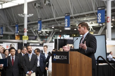 On the two-year anniversary of Hurricane Sandy, Boston Mayor Martin Walsh announces a regional effort to prepare for the effects of climate change at the Boston Convention and Exhibition Center Wednesday. PHOTO BY EVAN JONES/DAILY FREE PRESS STAFF