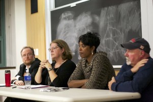 Boston University adjunct professors David Kociemba and Janet Bailey, adjunct custodian Chanda Jones and facilities worker Kenny Fernald went over the disadvantages that come with adjunct positions such as lower wages, no offices to meet with students and lack of benefits from universities. PHOTO BY KYRA LOUIE/DAILY FREE PRESS STAFF