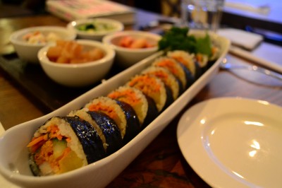 Bibim's spicy tuna kimbap, or sushi roll, consists of rice, tuna, pickled radish, carrots, imitation crab and lettuce wrapped in seaweed. PHOTO BY BROOKE JACKSON-GLIDDEN/DAILY FREE PRESS STAFF