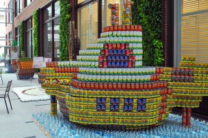 The Canstruction Boston exhibit will be on display at the BSA Space at the Atlantic Wharf building until Oct. 31. PHOTO BY JACQUI BUSICK/DAILY FREE PRESS STAFF