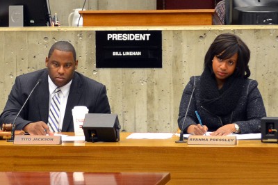 Boston City Councilors Tito Jackson and Ayanna Pressley spoke at a hearing on diversity in education Friday. PHOTO BY GRACE BOWDEN/DAILY FREE PRESS STAFF 