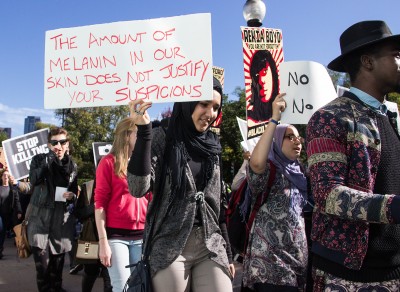 Taiba Zahir and Marwa Sayed (CAS ‘17) march down Newbury Street in protest of police brutality Saturday. PHOTO BY ALLIE WIMLEY/DAILY FREE PRESS STAFF