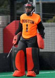 Senior goaltender Valentina Cerda Eimbcke was named Patriot League Goalkeeper of the Week Monday. PHOTO BY EMILY ZABOSKI/DAILY FREE PRESS STAFF