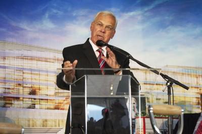 Mayor Menino explains his vision for the New Balance World Headquarters at the groundbreaking ceremony for Boston University's New Balance Field in September 2013. PHOTO BY ASHLYN EDWARDS/DFP FILE PHOTO