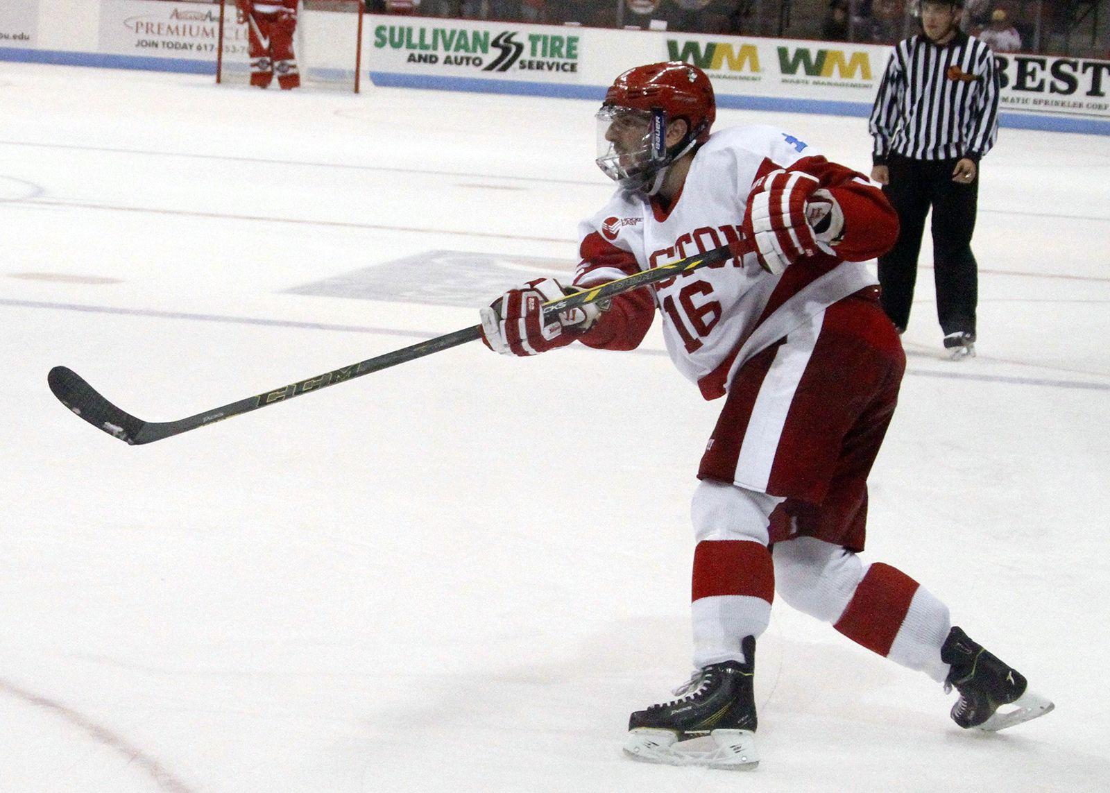 Freshman defenseman John MacLeod scored his first college goal in Friday night's win against Providence
PHOTO BY MAYA DEVEREAUX/DAILY FREE PRESS STAFF