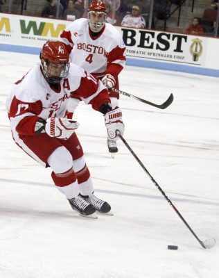 Senior assistant captain Evan Rodrigues had two goals in the Terriers' 5-2 win over Colgate. (PHOTO BY MAYA DEVEREAUX/DAILY FREE PRESS STAFF)