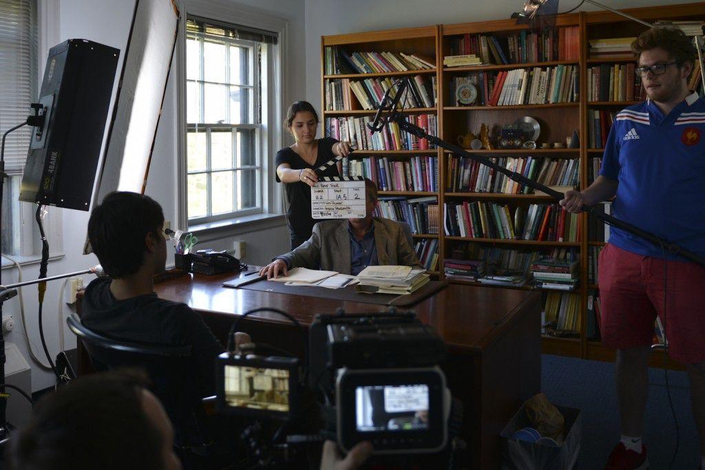On the set of Paper Trails, the crew prepares to roll on a scene between Jim Powers' character, Professor Faust, and Dario Sanchez's character, Nate Shepherd. PHOTO COURTESY OF SALVIA FANG